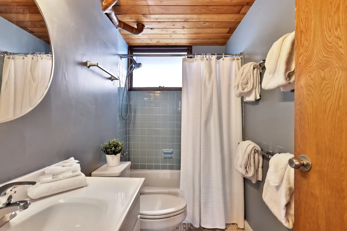 A modern, tranquil bathroom featuring a bathtub, separate shower, large mirror above the sink, towel rack, and a small plant. The space is well-lit and thoughtfully designed for relaxation and refreshing routines.