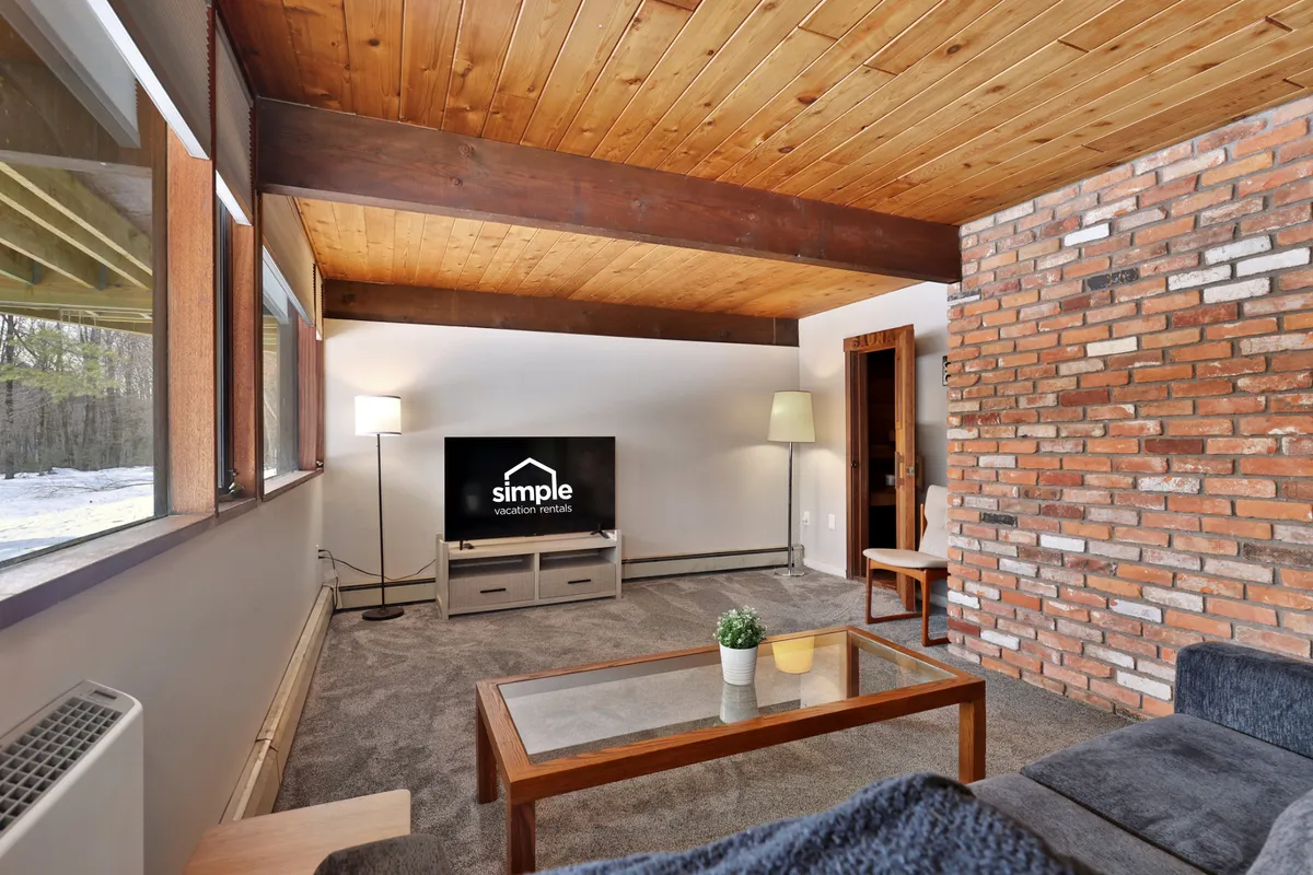 A casual, inviting living space with a brick wall, a central sofa and coffee table, a floor lamp, and a television as the entertainment centerpiece. The overall atmosphere is cozy and intimate, ideal for group activities like movie nights or quiet relaxation.